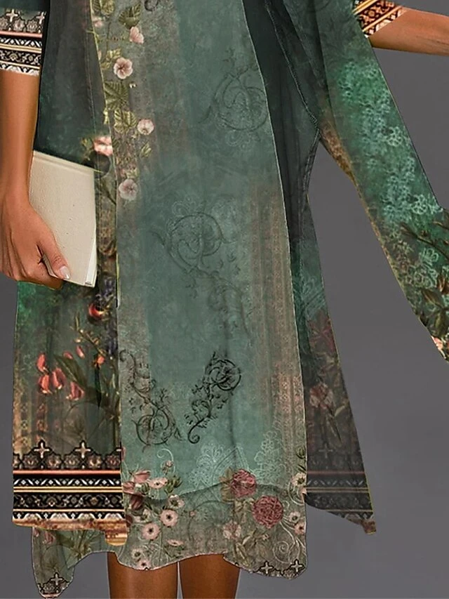 Women's Two Piece Dress Set Print Dress Outdoor Holiday Streetwear Casual Print Midi Dress Crew Neck 3/4 Length Sleeve Floral Regular Fit Blue Purple Green Summer Spring S M L XL XXL 2 Women's Two Piece Dress Set Print Dress Outdoor Holiday Streetwear Casual Print Midi Dress Crew Neck 3/4 Length Sleeve Floral Regular Fit Blue Purple Green Summer Spring S M L XL XXL - Image 2