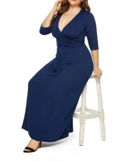 Women's Plus Size Curve Party Dress Swing Dress Formal Dress Plain Long Dress Maxi Dress 3/4 Length Sleeve Ruched Crew Neck Fashion Party Black Wine Fall Winter L XL XXL 3XL -HAYz Clothing Shop apssvl1694151478301