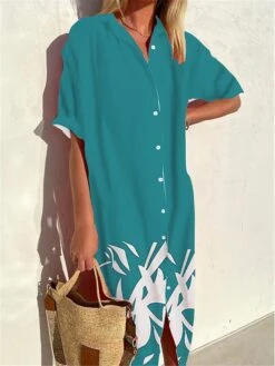 Women's Shirt Dress Casual Dress Midi Dress Outdoor Office Daily Polyester Fashion Modern Shirt Collar Button Print 3/4 Length Sleeve Summer Spring Fall 2023 Loose Fit Wine Navy Blue Blue Leaf S M L -HAYz Clothing Shop apvhrx1691045261013