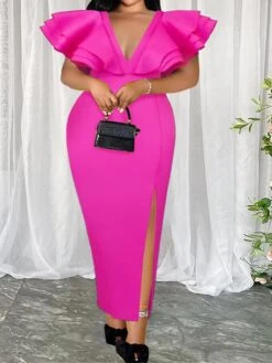 Women's Plus Size Curve Party Dress Bodycon Sheath Dress Plain Long Dress Maxi Dress Short Sleeve Ruffle Backless V Neck Fashion Party Fuchsia Fall Winter XL XXL 3XL 4XL