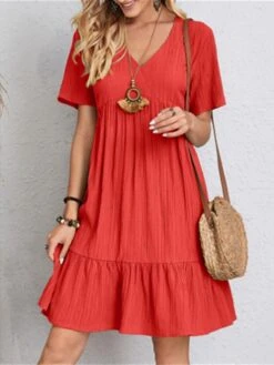 Women's Casual Dress Cotton Linen Dress Swing Dress Mini Dress Polyester Basic Classic Outdoor Daily Vacation V Neck Ruffle Short Sleeve Summer Spring 2023 Regular Fit Black Pink Red Plain S M L XL -HAYz Clothing Shop aqdflj1697528184492