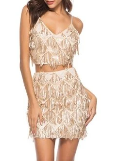 Women's Two Piece Dress Set Party Dress Skirt Set Party Cocktail Party Fashion Party Tassel Fringe Backless Mini Dress Strap Sleeveless Plain Slim Champagne Gold Spring Fall S M L XL -HAYz Clothing Shop aqhbnt1692935663390