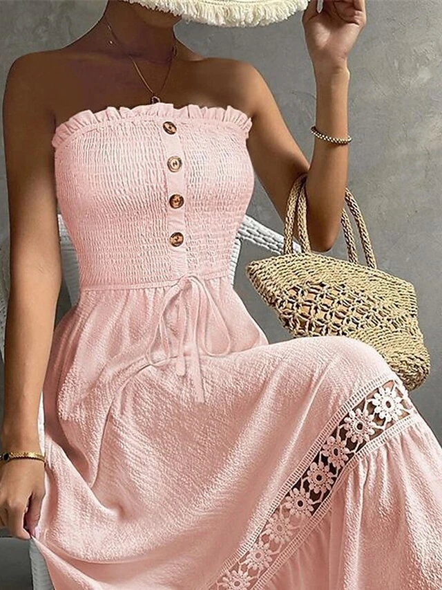 Women's Casual Dress Cotton Linen Dress Swing Dress Midi Dress Polyester Basic Classic Outdoor Daily Vacation Strapless Hollow Out Button Sleeveless Summer Spring 2023 Regular Fit Pink Plain S M L XL 2 Women's Casual Dress Cotton Linen Dress Swing Dress Midi Dress Polyester Basic Classic Outdoor Daily Vacation Strapless Hollow Out Button Sleeveless Summer Spring 2023 Regular Fit Pink Plain S M L XL - Image 2