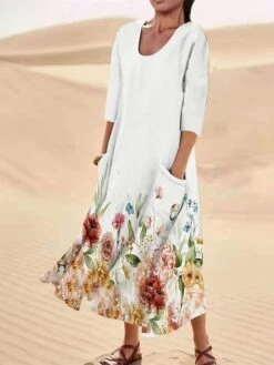 Women's Casual Dress Cotton Linen Dress Midi Dress Polyester Fashion Casual Daily Outdoor Daily Vacation Crew Neck Pocket Print Half Sleeve Summer Spring Fall 2023 Loose Fit ArmyGreen White Red Leaf -HAYz Clothing Shop aqjjsv1690365370072