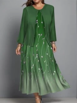 Women's Plus Size Two Piece Dress Set Casual Dress Swing Dress Outdoor Office Fashion Streetwear Print Midi Dress Crew Neck Long Sleeve Floral Ombre Regular Fit Wine Blue Green Fall Winter L XL XXL -HAYz Clothing Shop aqryjw1697444373444