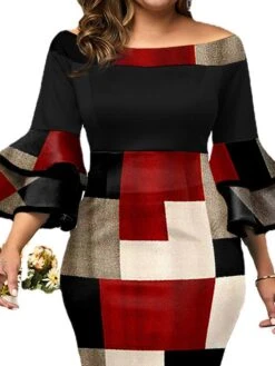 Women‘s Plus Size Curve Work Dress Bodycon Sheath Dress Plaid Midi Dress 3/4 Length Sleeve Backless Crew Neck Fashion Office Red Fall Spring XL XXL 3XL 4XL 5XL -HAYz Clothing Shop aqryxw1672900198018