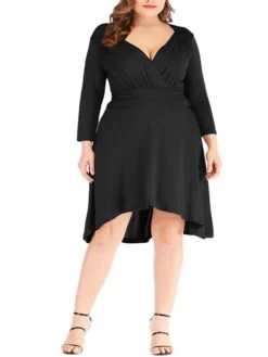 Women's Plus Size Curve Work Dress Black Dress A Line Dress Fashion Midi Dress Ruched V Neck Long Sleeve Plain Loose Fit Black Wine Blue Fall XL XXL 3XL 4XL 5XL -HAYz Clothing Shop aqudcp1693203476209