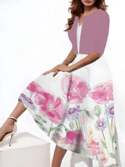 Women's Two Piece Dress Set Casual Dress Tank Dress Outdoor Daily Fashion Streetwear Pocket Print Midi Dress V Neck 3/4 Length Sleeve Floral Regular Fit Blue Purple Brown Summer Spring S M L XL XXL -HAYz Clothing Shop arevqe1690547367339