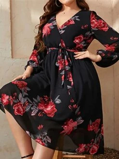 Women's Plus Size Curve Party Dress Cocktail Dress Wedding Guest Dress Midi Dress Black Long Sleeve Flower Lace Up Summer Spring Fall V Neck Fashion Wedding Guest Vacation Fall Dress L XL XXL 3XL 4XL -HAYz Clothing Shop arqxmy1692170540577