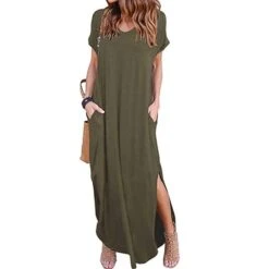 Women's T Shirt Dress Tee Dress Long Dress Maxi Dress Wine Red Green Black Short Sleeve Pure Color Pocket Spring Summer V Neck S M L XL 2XL 3XL 4XL 5XL