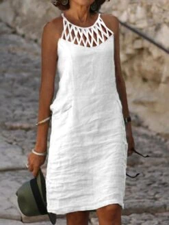 Women's Casual Dress Cotton Linen Dress Shift Dress Mini Dress Cotton Blend Modern Casual Outdoor Daily Vacation Halter Ruched Hollow Out Sleeveless Summer Spring 2023 Regular Fit Black White Blue