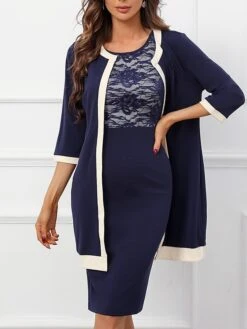 Women's Two Piece Dress Set Party Dress Lace Dress Party Office Fashion Elegant Lace Patchwork Midi Dress Crew Neck 3/4 Length Sleeve Plain Regular Fit Navy Blue Fall Winter S M L XL XXL -HAYz Clothing Shop asfikv1697450715662