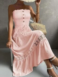 Women's Casual Dress Cotton Linen Dress Swing Dress Midi Dress Polyester Basic Classic Outdoor Daily Vacation Strapless Hollow Out Button Sleeveless Summer Spring 2023 Regular Fit Pink Plain S M L XL