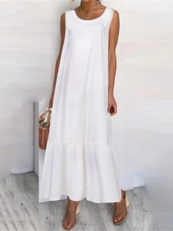 Women's Casual Dress Cotton Linen Dress Swing Dress Maxi Long Dress Linen / Cotton Blend Basic Classic Outdoor Daily Vacation Crew Neck Ruffle Sleeveless Summer Spring 2023 Regular Fit Black White