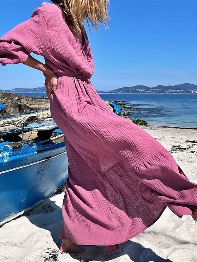 Women's Casual Dress Cotton Linen Dress Wrap Dress Maxi Long Dress Polyester Fashion Classic Outdoor Daily Holiday V Neck Ruffle Cut Out Long Sleeve Summer Spring Fall 2023 Loose Fit Brown Green Rose 4 Women's Casual Dress Cotton Linen Dress Wrap Dress Maxi Long Dress Polyester Fashion Classic Outdoor Daily Holiday V Neck Ruffle Cut Out Long Sleeve Summer Spring Fall 2023 Loose Fit Brown Green Rose - Image 4