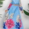 Women's Two Piece Dress Set Casual Dress Skirt Set Daily Going Out Casual Ruched Print Long Dress Maxi Dress Off Shoulder Long Sleeve Floral Regular Fit Blue Green Rose Red Fall Winter S M L XL XXL