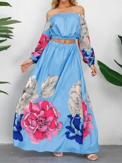 Women's Two Piece Dress Set Casual Dress Skirt Set Daily Going Out Casual Ruched Print Long Dress Maxi Dress Off Shoulder Long Sleeve Floral Regular Fit Blue Green Rose Red Fall Winter S M L XL XXL