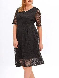 Women‘s Plus Size Curve Party Dress Lace Dress Cocktail Dress Midi Dress Black Pink Wine Half Sleeve Pure Color Lace Summer Spring Fall V Neck Fashion Birthday Wedding Guest Vacation 2023 -HAYz Clothing Shop asldvc1691564492373
