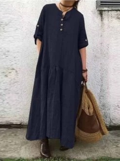 Women's Casual Dress Cotton Linen Dress Black Dress Maxi Long Dress Cotton Blend Basic Casual Outdoor Daily V Neck Button Pocket Long Sleeve Summer Spring Fall 2023 Loose Fit ArmyGreen Navy Blue Khaki