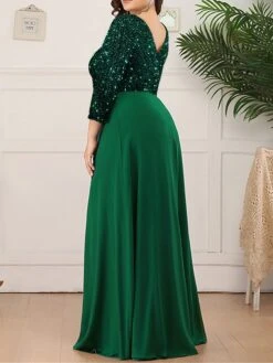 Women‘s Plus Size Curve Party Dress Sequin Dress Solid Color Long Dress Maxi Dress 3/4 Length Sleeve V Neck Fashion Party Dark Green Fall Spring XL XXL 3XL 4XL 5XL -HAYz Clothing Shop asrmpe1676962305610