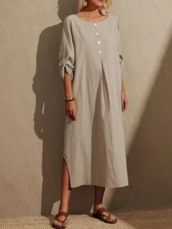 Women's Casual Dress Cotton Linen Dress Shift Dress Maxi Long Dress Linen / Cotton Blend Daily Casual Daily Outdoor Daily Date Crew Neck Button Long Sleeve Spring Fall Winter 2023 Loose Fit Khaki
