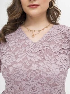 Women‘s Plus Size Curve Party Dress Lace Dress Cocktail Dress Midi Dress Black Pink Wine Half Sleeve Pure Color Lace Summer Spring Fall V Neck Fashion Birthday Wedding Guest Vacation 2023 -HAYz Clothing Shop astenf1691564488627