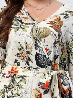 Women's Casual Dress Swing Dress Print Dress Leaf Floral Ruffle Print V Neck Long Dress Maxi Dress Fashion Streetwear Outdoor Daily Long Sleeve Regular Fit Blue Apricot Fall Winter XL XXL 3XL 4XL -HAYz Clothing Shop asygbg1697539484685