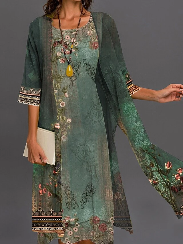 Women's Two Piece Dress Set Print Dress Outdoor Holiday Streetwear Casual Print Midi Dress Crew Neck 3/4 Length Sleeve Floral Regular Fit Blue Purple Green Summer Spring S M L XL XXL 1 Women's Two Piece Dress Set Print Dress Outdoor Holiday Streetwear Casual Print Midi Dress Crew Neck 3/4 Length Sleeve Floral Regular Fit Blue Purple Green Summer Spring S M L XL XXL