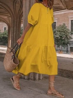 Women‘s Plus Size Curve Holiday Dress Solid Color Crew Neck Half Sleeve Fall Spring Casual Boho Maxi Long Dress Daily Vacation Dress Cotton -HAYz Clothing Shop atcisb1621240345827