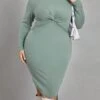 Women's Plus Size Curve Casual Dress Winter Dress Bodycon Solid Color Midi Dress Long Sleeve Ruched Crew Neck Fashion Outdoor Green Fall Winter XL XXL 3XL