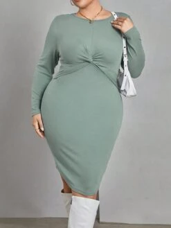 Women's Plus Size Curve Casual Dress Winter Dress Bodycon Solid Color Midi Dress Long Sleeve Ruched Crew Neck Fashion Outdoor Green Fall Winter XL XXL 3XL