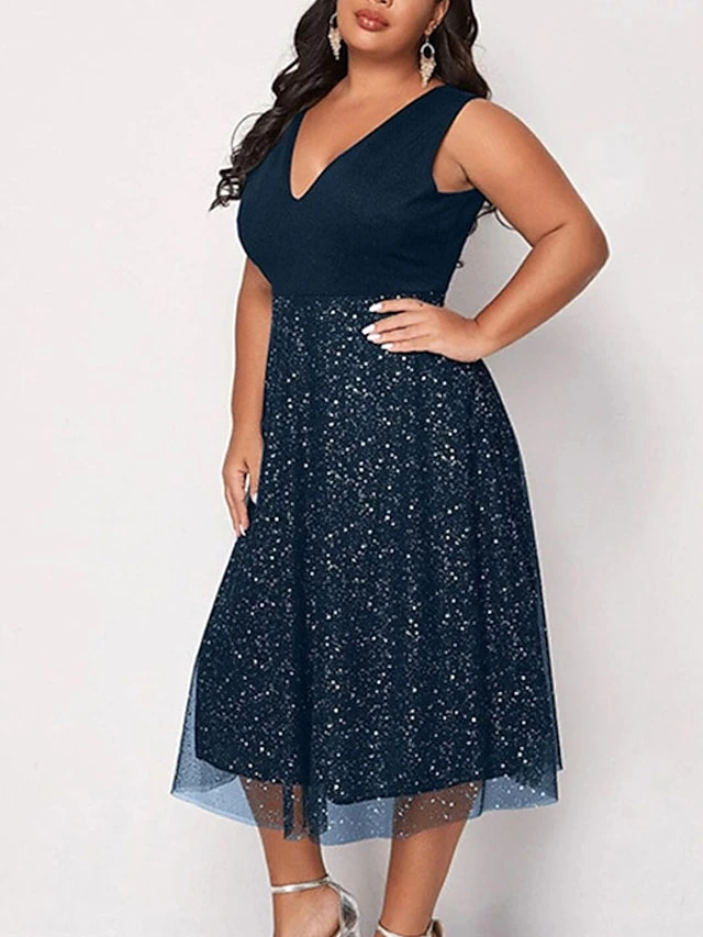 Women‘s Plus Size Curve Party Dress Solid Color V Neck Mesh Sleeveless Spring Fall Elegant Sexy Sequins Prom Dress Midi Dress Formal Party Dress Sequin Dress Homecoming Dress Print 2 Women‘s Plus Size Curve Party Dress Solid Color V Neck Mesh Sleeveless Spring Fall Elegant Sexy Sequins Prom Dress Midi Dress Formal Party Dress Sequin Dress Homecoming Dress Print - Image 2
