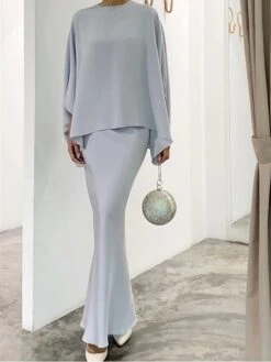 Women's Two Piece Dress Set Casual Dress Skirt Set Daily Going Out Elegant Modern Ruffle Long Dress Maxi Dress Stand Collar Long Sleeve Plain Regular Fit Silver Black White Fall Winter S M L XL XXL -HAYz Clothing Shop ativvc1693386803830