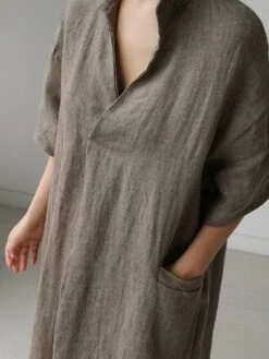 Women's Casual Dress Cotton Linen Dress Swing Dress Maxi Long Dress Cotton Blend Basic Casual Outdoor Daily V Neck Pocket 3/4 Length Sleeve Summer Spring Fall 2023 Loose Fit Blue Green Apricot Plain -HAYz Clothing Shop atjrjw1679554393267