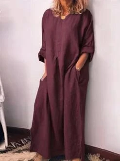 Women's Casual Dress Cotton Linen Dress Black Dress Maxi Long Dress Linen / Cotton Blend Fashion Daily Outdoor Daily Vacation Crew Neck Button Pocket 3/4 Length Sleeve Fall Autumn 2023 Loose Fit -HAYz Clothing Shop atqaol1693202320493