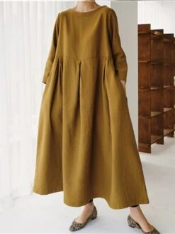 Women's Cotton Linen Dress Casual Dress Swing Dress Maxi Long Dress Cotton Blend Basic Classic Outdoor Daily Crew Neck Pocket Smocked Long Sleeve Summer Spring Fall 2023 Loose Fit Black Yellow Green -HAYz Clothing Shop atqqwa1673850086461