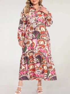 Women's Plus Size Curve Shirt Dress Work Dress Satin Dress Floral Long Dress Maxi Dress Long Sleeve Split Shirt Collar Fashion Office Red Fall Winter L XL XXL 3XL 4XL