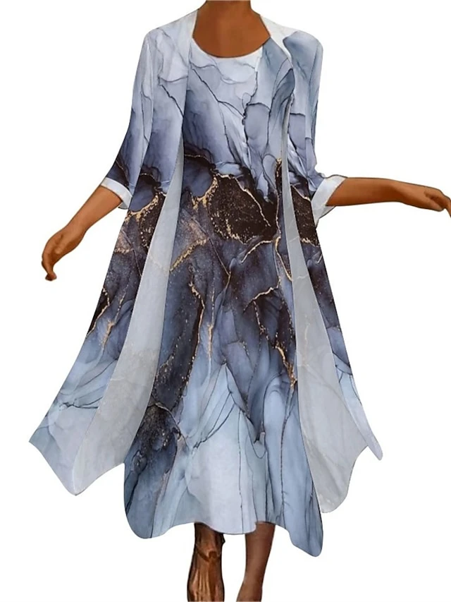 Women's Dress Set Two Piece Dress Shift Dress Midi Dress Dusty Blue Long Sleeve Print Print Summer Spring Crew Neck Stylish Winter Dress Fall Dress Loose Fit 2023 S M L XL XXL 3XL 4XL 5XL 2 Women's Dress Set Two Piece Dress Shift Dress Midi Dress Dusty Blue Long Sleeve Print Print Summer Spring Crew Neck Stylish Winter Dress Fall Dress Loose Fit 2023 S M L XL XXL 3XL 4XL 5XL - Image 2