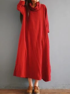 Women's Casual Dress Cotton Linen Dress Cotton Dress Maxi Long Dress Cotton Daily Stylish Outdoor Daily Vacation Turtleneck Split Long Sleeve Spring Fall Winter 2023 Loose Fit White Yellow Wine Plain -HAYz Clothing Shop audfiz1695014691326