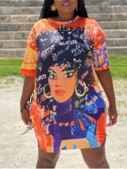 Women‘s Plus Size Curve Casual Dress T Shirt Dress Tee Dress Shift Dress Graphic Midi Dress Short Sleeve Print Crew Neck Fashion Daily Black Orange Spring Summer L XL XXL 3XL -HAYz Clothing Shop auwfbc1672900107958