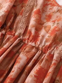 Women's Casual Dress Cotton Linen Dress Swing Dress Midi Dress Polyester Daily Casual Outdoor Daily Vacation Crew Neck Print 3/4 Length Sleeve Fall Autumn 2023 Loose Fit Orange Floral M L XL 2XL -HAYz Clothing Shop auwfql1693226487825