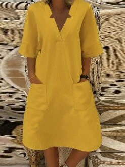 Women's Casual Dress Cotton Linen Dress A Line Dress Mini Dress Linen Daily Classic Outdoor Daily Holiday V Neck Pocket Half Sleeve Summer Spring 2023 Loose Fit Yellow Pink Blue Plain S M L XL