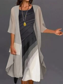 Women's Two Piece Dress Set Shift Dress Chiffon Dress Daily Going Out Casual Print Maxi Dress Crew Neck Half Sleeve Ombre Loose Fit Black White Gray Summer Spring M L XL XXL XXXL -HAYz Clothing Shop avedyi1672827938685
