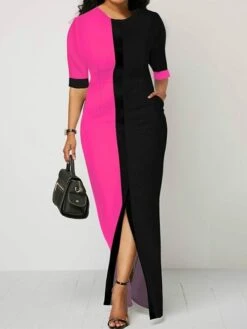 Women‘s Plus Size Curve Work Dress Print Crew Neck Split Half Sleeve Spring Fall Stylish Elegant Maxi Long Dress Formal Work Dress -HAYz Clothing Shop avfxxr1628856861744