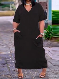 Women‘s Plus Size Curve Casual Dress White Dress Solid Color Midi Dress Short Sleeve Ruched Pocket V Neck Fashion Daily Black White Summer Spring XL XXL 3XL 4XL -HAYz Clothing Shop avgdqo1681872908290