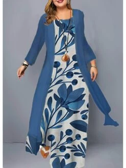 Women‘s Plus Size Curve Two Piece Dress Floral Crew Neck Print Long Sleeve Winter Fall Casual Maxi Long Dress Casual Daily Dress