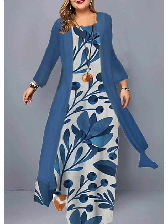 Women‘s Plus Size Curve Two Piece Dress Floral Crew Neck Print Long Sleeve Winter Fall Casual Maxi Long Dress Casual Daily Dress 1 Women‘s Plus Size Curve Two Piece Dress Floral Crew Neck Print Long Sleeve Winter Fall Casual Maxi Long Dress Casual Daily Dress