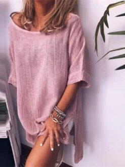 Women's Cotton Linen Dress A Line Dress Mini Dress Cotton Blend Casual Comfort Home Daily Crew Neck Rolled Cuff Half Sleeve Summer Spring Loose Fit White Pink Blue Pure Color S M L XL 2XL -HAYz Clothing Shop avpkoc1654067365761