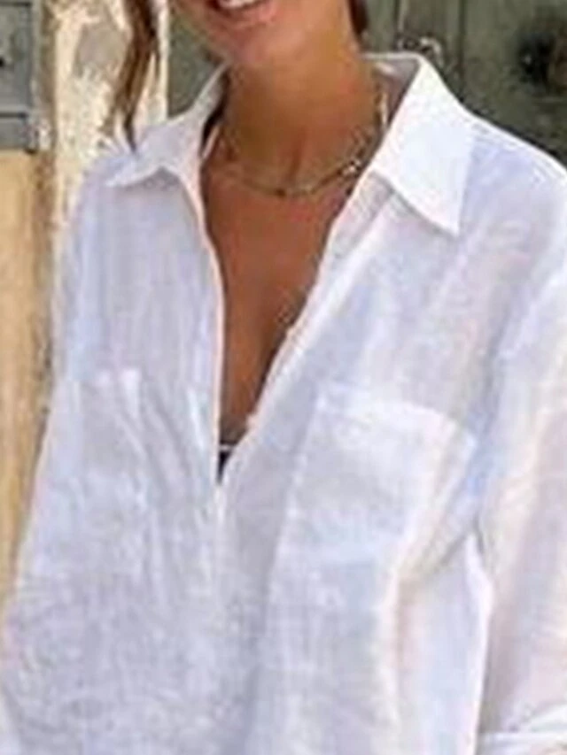 Women's Cotton Linen Dress Casual Dress Shift Dress Mini Dress Cotton Blend Modern Casual Outdoor Daily Shirt Collar Pocket 3/4 Length Sleeve Summer Spring Fall 2023 Regular Fit White Plain S M L XL 2 Women's Cotton Linen Dress Casual Dress Shift Dress Mini Dress Cotton Blend Modern Casual Outdoor Daily Shirt Collar Pocket 3/4 Length Sleeve Summer Spring Fall 2023 Regular Fit White Plain S M L XL - Image 2