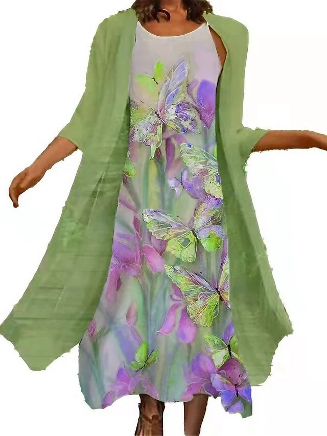 Women's Two Piece Dress Set Casual Dress Shift Dress Daily Going Out Casual Print Midi Dress Crew Neck 3/4 Length Sleeve Floral Butterfly Regular Fit Light Green Light Purple Purple Summer Spring M L 1 Women's Two Piece Dress Set Casual Dress Shift Dress Daily Going Out Casual Print Midi Dress Crew Neck 3/4 Length Sleeve Floral Butterfly Regular Fit Light Green Light Purple Purple Summer Spring M L